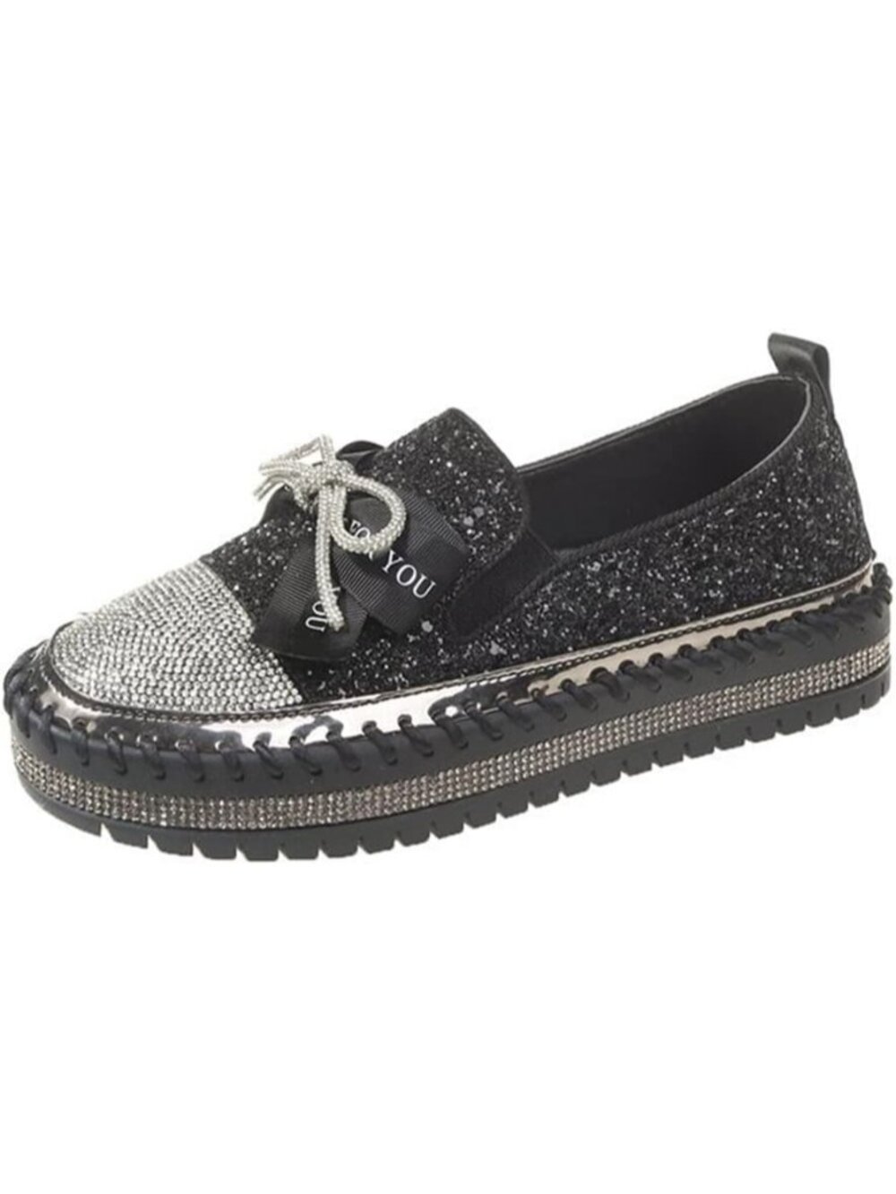 Women's Black Fashion Rhinestone Slip On Comfort Bowknot Glitter Bling Shoes
